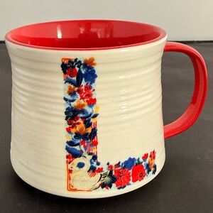 Anthropologie Nathalie Lete Monogram Initial L Cup Floral Swan Monkey Red Mug